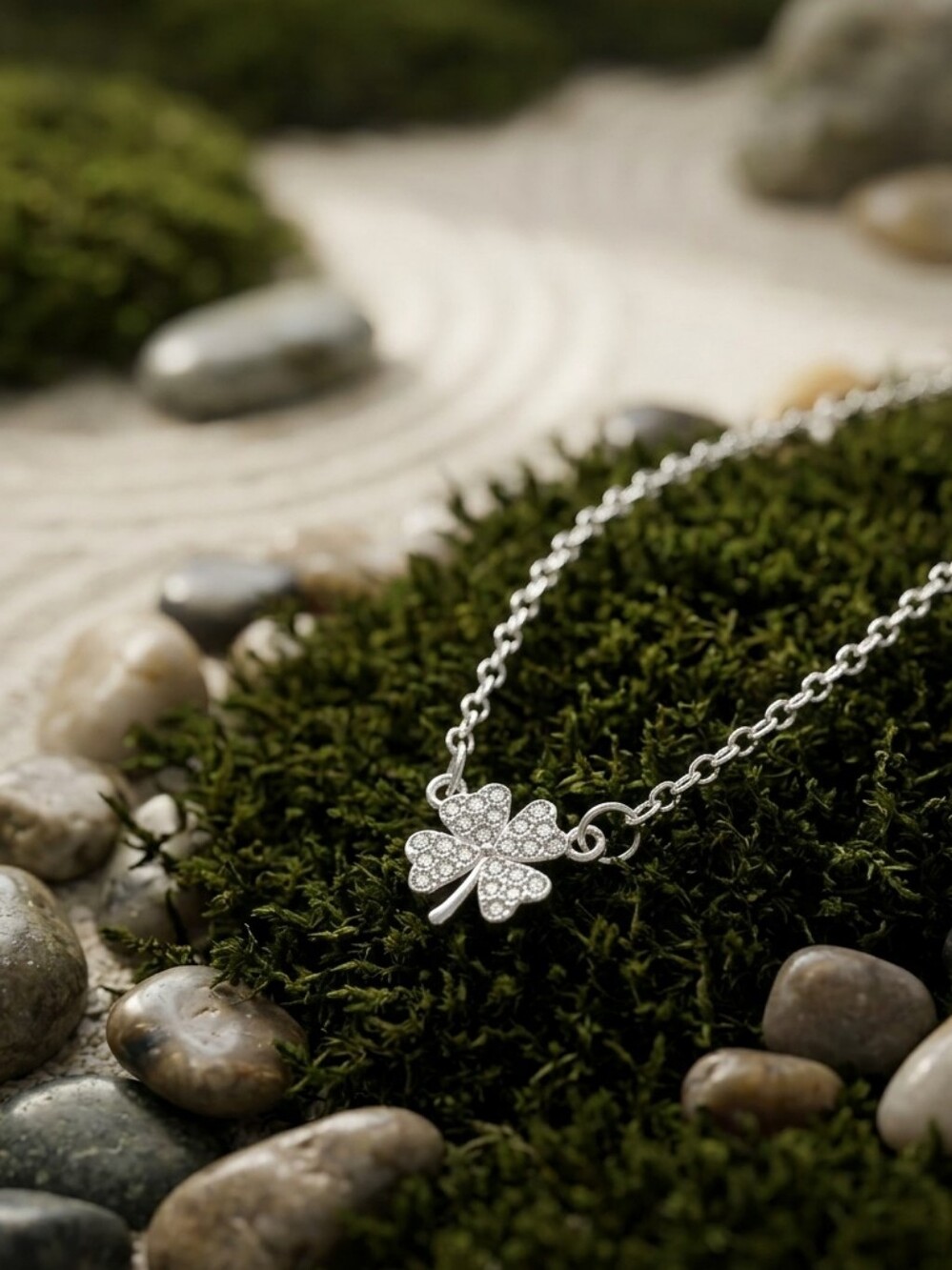 Dainty Four-Leaf Clover Necklace in Silver Tone with Crystal Accents